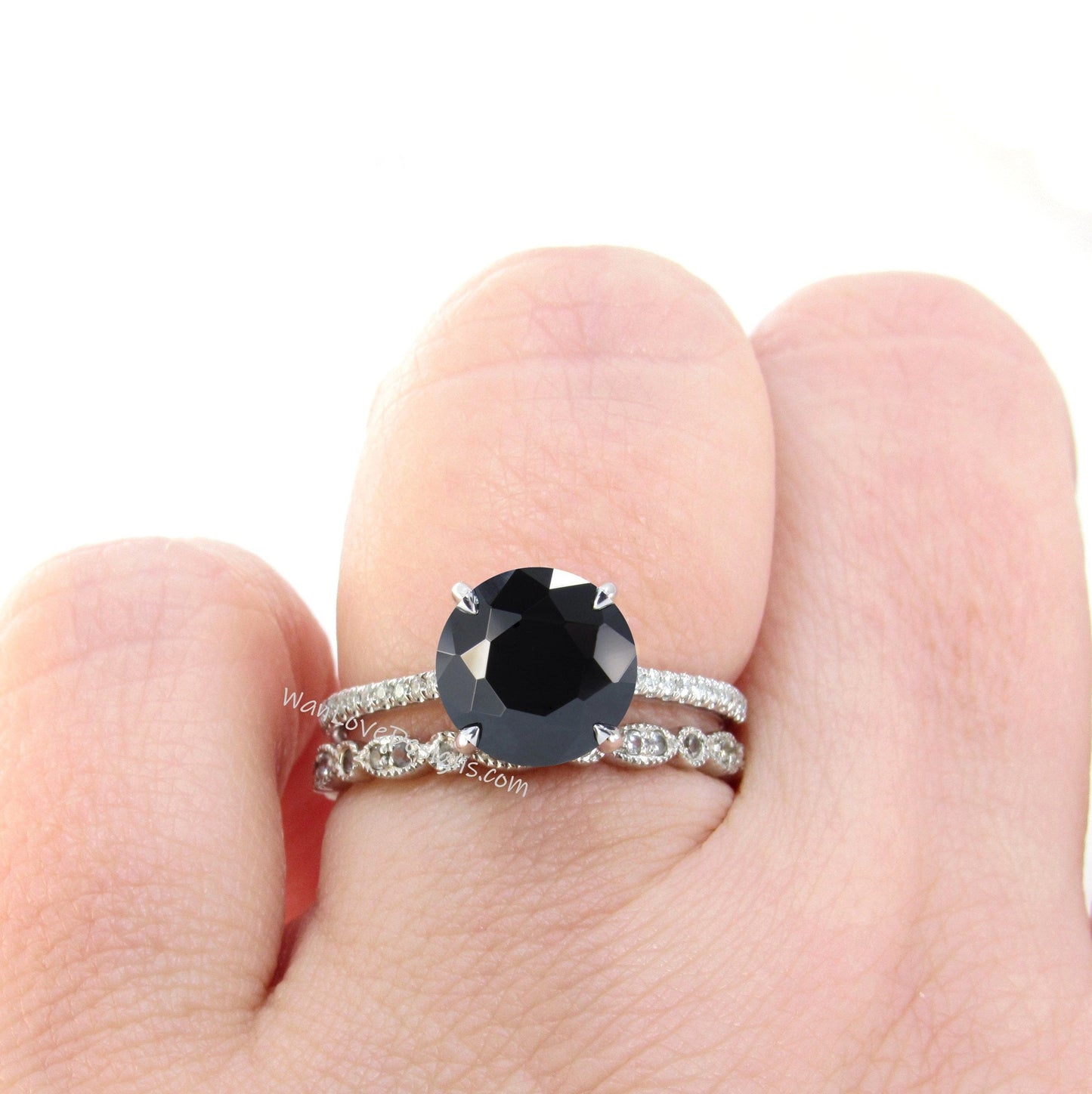 Black Spinel & Diamond shank Engagement Ring,Full Eternity Leaf Wedding Band,Round, Custom-14k 18k White Yellow Rose Gold-Platinum Wan Love Designs