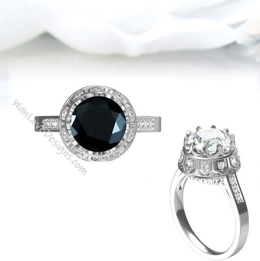 Black Spinel Diamonds Antique Vintage Style Crown Royalty Filigree Round Engagement Ring 2ct 8mm Custom Wedding Anniversary Gift Wan Love Designs