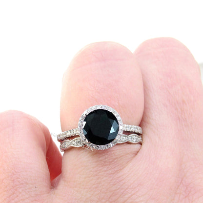 Black Spinel Diamonds Art Deco Scalloped Round Halo Wedding Set Rings 14kt Rose Gold,WanLoveDesigns Wan Love Designs