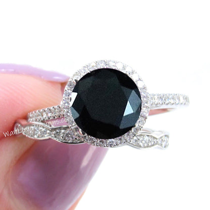 Black Spinel Diamonds Art Deco Scalloped Round Halo Wedding Set Rings 14kt Rose Gold,WanLoveDesigns Wan Love Designs