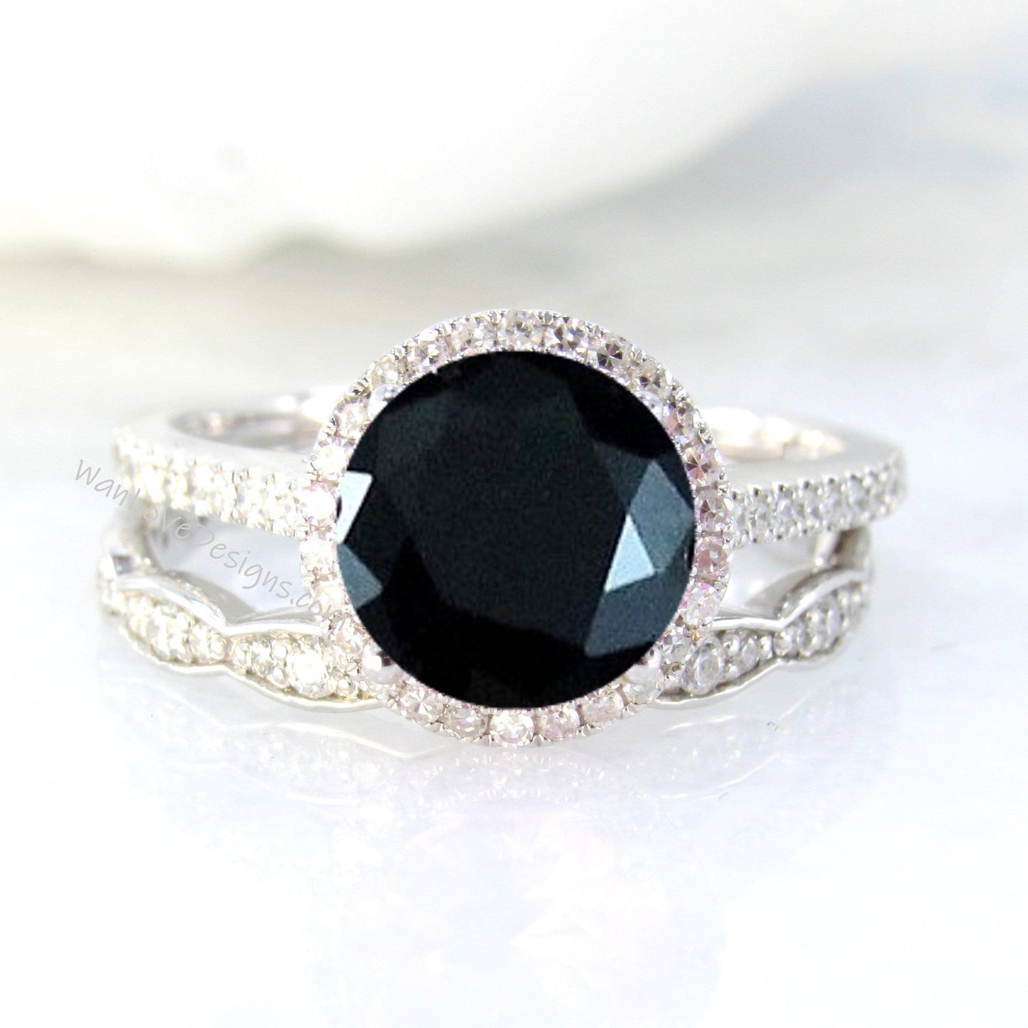 Black Spinel Diamonds Art Deco Scalloped Round Halo Wedding Set Rings 14kt Rose Gold,WanLoveDesigns Wan Love Designs