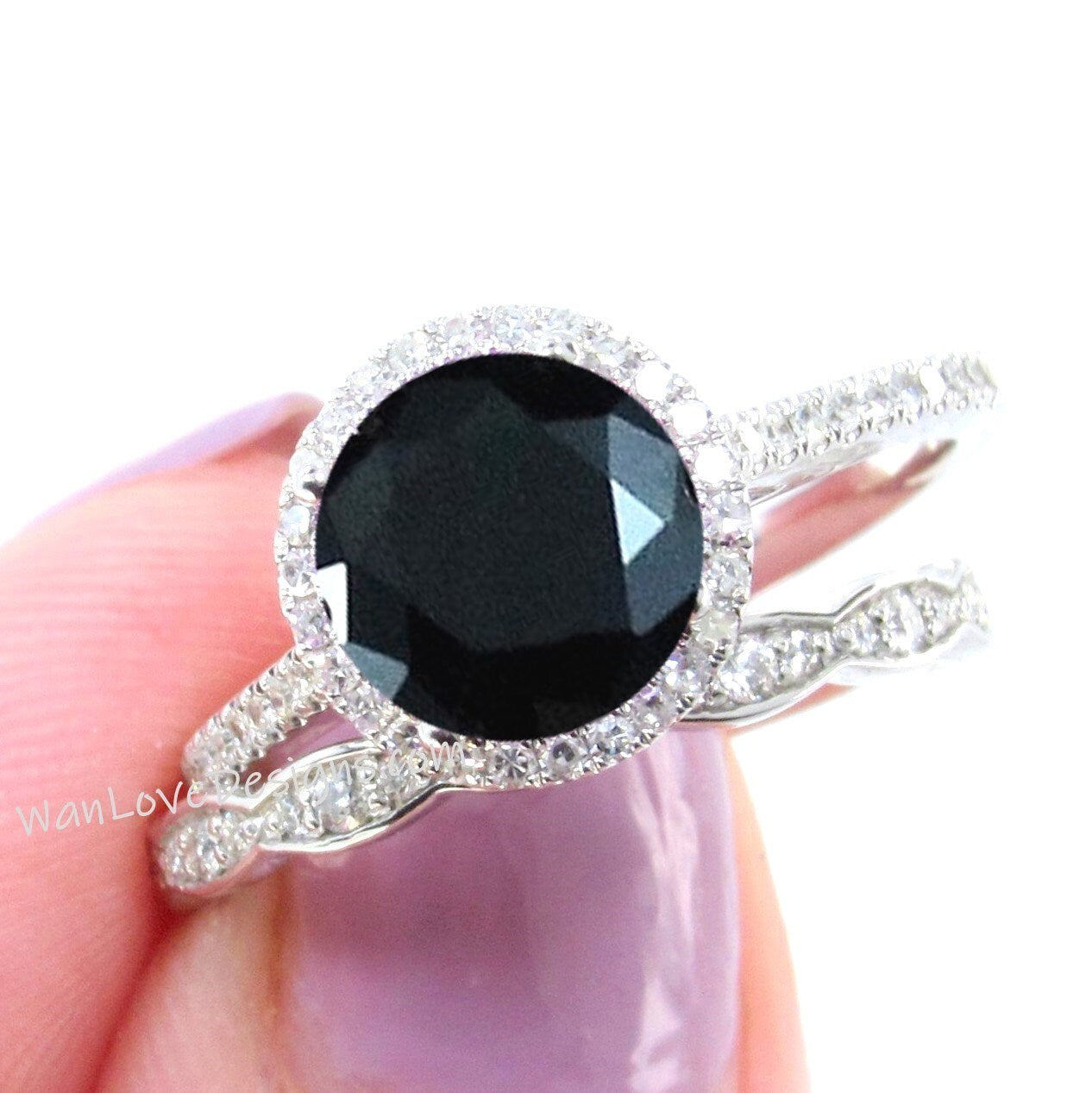 Black Spinel Diamonds Art Deco Scalloped Round Halo Wedding Set Rings 14kt Rose Gold,WanLoveDesigns Wan Love Designs