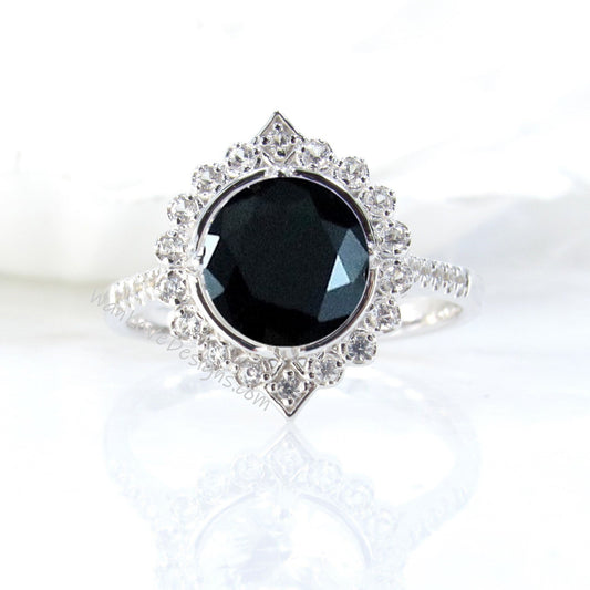 Black Spinel & Diamonds Geometric Halo Engagement Ring, Round, Custom,14k 18k White Yellow Rose Gold-Platinum-Wedding,Anniversary Gift Wan Love Designs