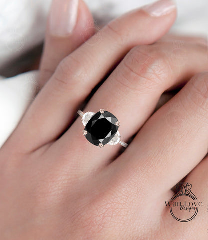 Black Spinel Diamonds & Moissanite Engagement Ring Oval Cushion Half Moon 3 Gem Stone 14k 18k White Yellow Rose Gold,Platinum,Custom Wan Love Designs