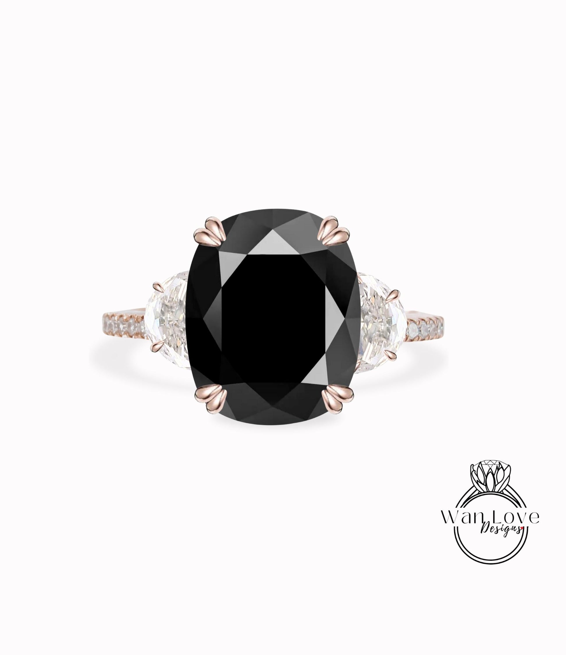 Black Spinel Diamonds & Moissanite Engagement Ring Oval Cushion Half Moon 3 Gem Stone 14k 18k White Yellow Rose Gold,Platinum,Custom Wan Love Designs