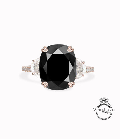 Black Spinel Diamonds & Moissanite Engagement Ring Oval Cushion Half Moon 3 Gem Stone 14k 18k White Yellow Rose Gold,Platinum,Custom Wan Love Designs