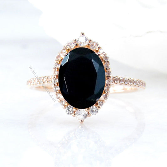 Black Spinel & Diamonds Oval Graduated Halo Engagement Ring, Custom, Wedding, 14kt 18kt Gold, Platinum, WanLoveDesigns Wan Love Designs