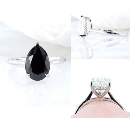 Black Spinel Diamonds Pear Halo Engagement Ring Cathedral Custom-14k 18k White Yellow Rose Gold-Platinum-Wedding Anniversary Wan Love Designs