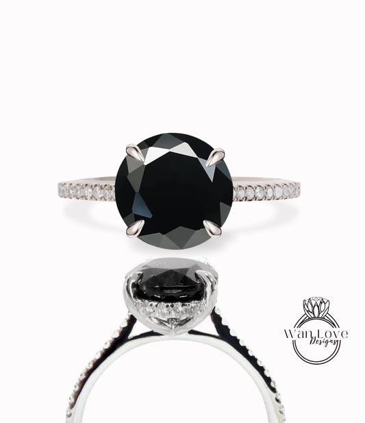 Black Spinel & Diamonds Side Halo Round 3/4 Almost Eternity Engagement Ring, Custom Wedding, 14kt 18kt Gold, Platinum, WanLoveDesigns Wan Love Designs