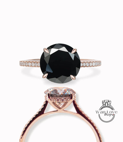 Black Spinel & Diamonds Side Halo Round 3/4 Almost Eternity Engagement Ring, Custom Wedding, 14kt 18kt Gold, Platinum, WanLoveDesigns Wan Love Designs