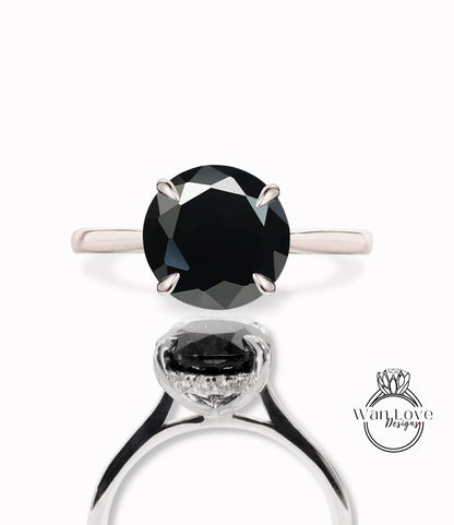 Black Spinel Diamonds Side Halo Round Engagement Ring, Custom, 14k 18k White Rose Yellow Gold, Platinum, Wedding, WanLoveDesigns Wan Love Designs