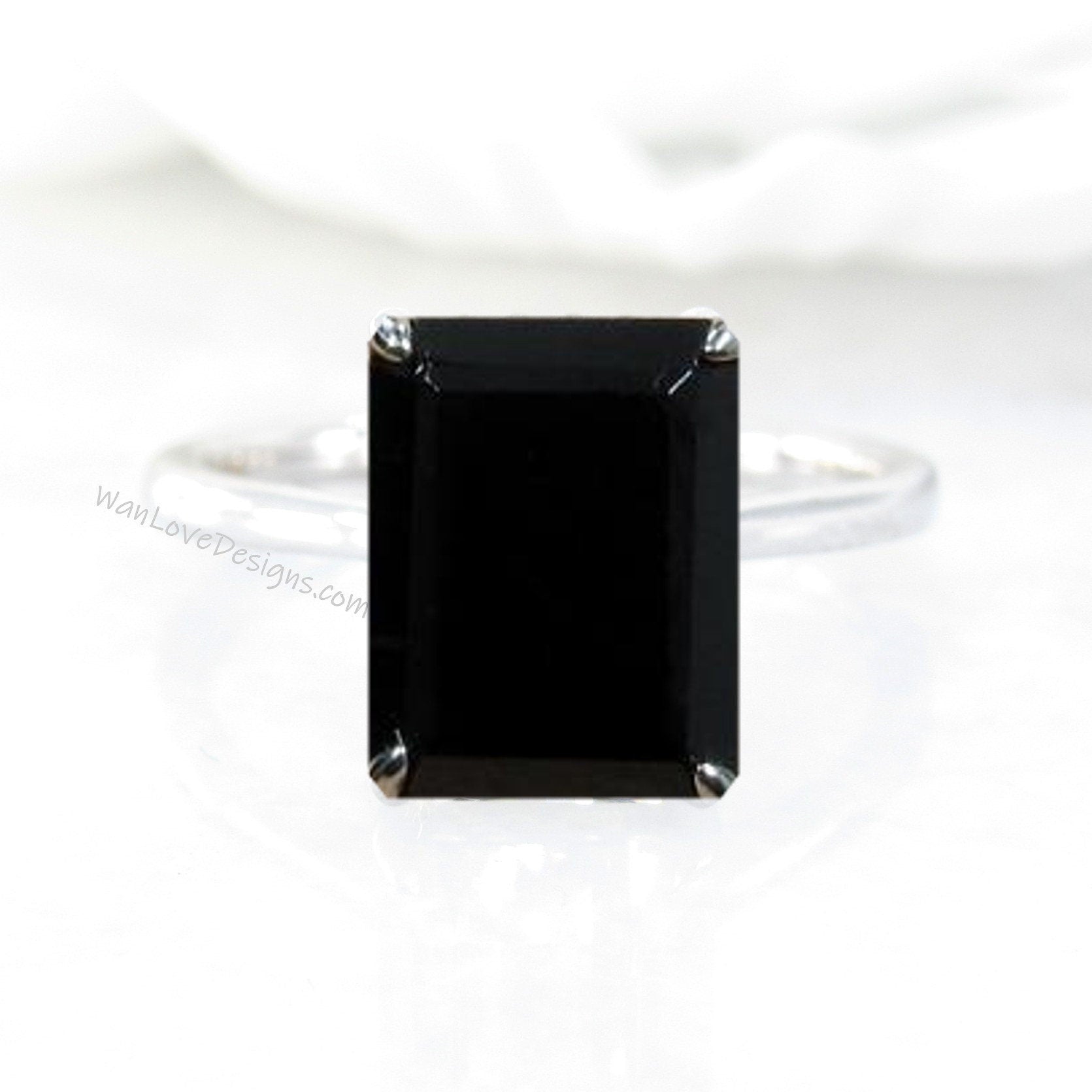 Black Spinel Emerald Engagement Ring, Solitaire, Custom, Wedding,Anniversary Gift,14k 18k White Rose Yellow Gold,Platinum Wan Love Designs
