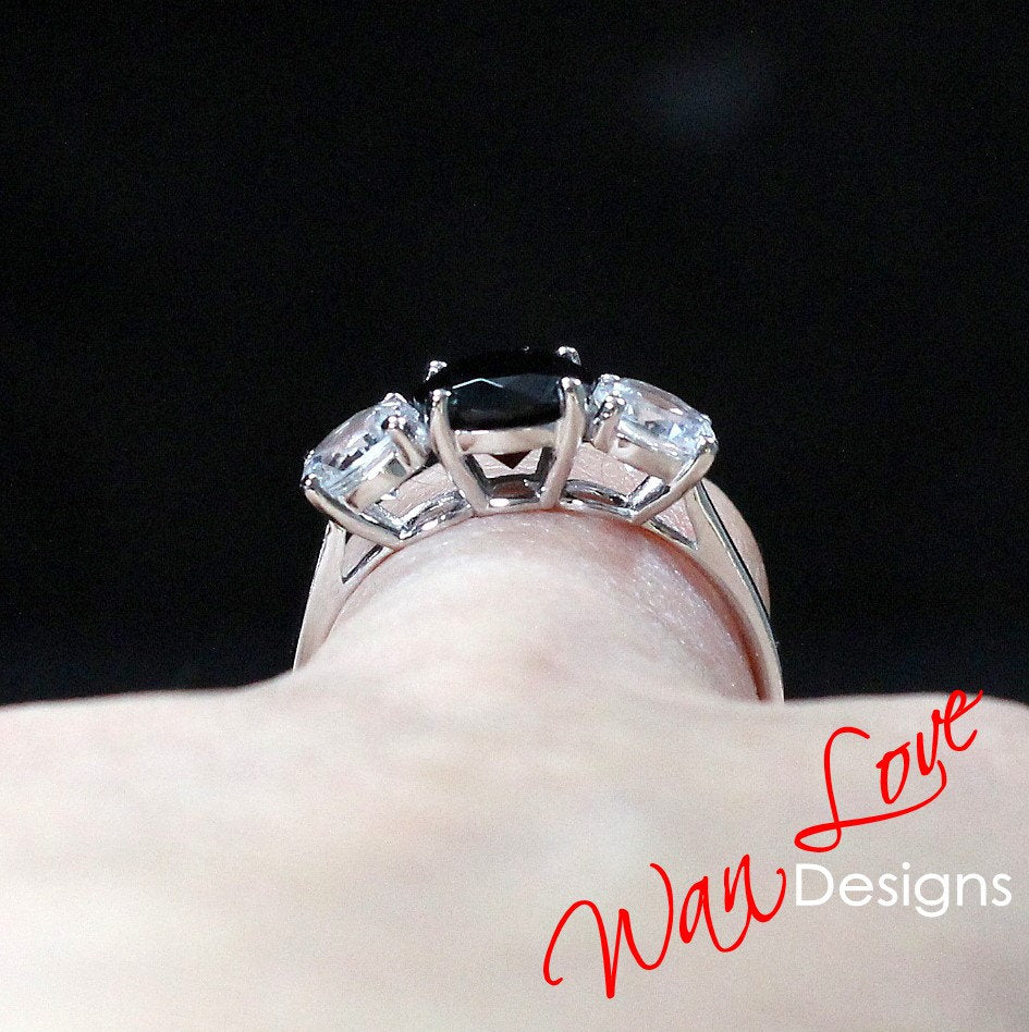 Black Spinel Moissanite 3 Gem Stone Engagement Ring, 14k 18k White Yellow Rose Gold,Platinum,Custom,Wedding,Anniversary Wan Love Designs