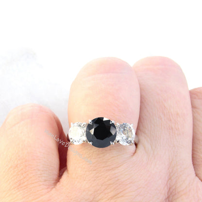 Black Spinel Moissanite 3 Gem Stone Engagement Ring, 14k 18k White Yellow Rose Gold,Platinum,Custom,Wedding,Anniversary Wan Love Designs