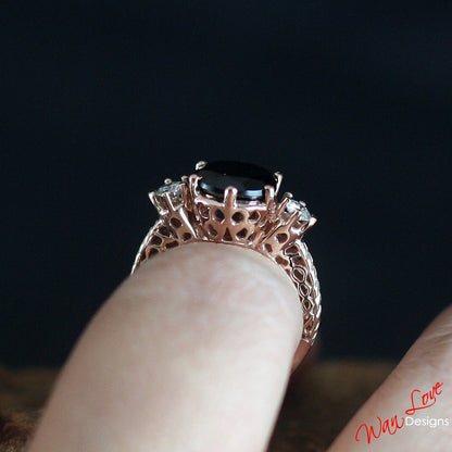 Black Spinel Moissanite 3 Stone Filigree Engagement Ring, 2ct, 8mm, 3mm, Custom,14k 18k White Rose Yellow Gold, Platinum, Anniversary Wan Love Designs