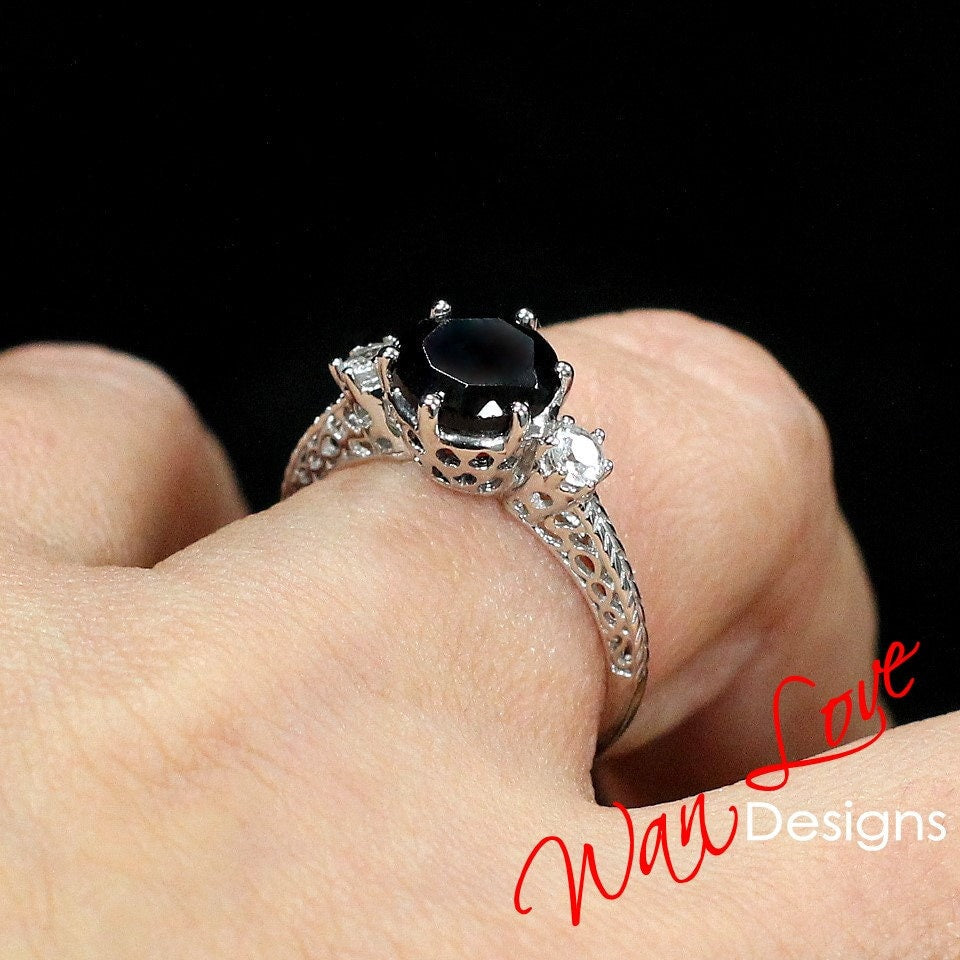 Black Spinel Moissanite 3 Stone Filigree Engagement Ring, 2ct, 8mm, 3mm, Custom,14k 18k White Rose Yellow Gold, Platinum, Anniversary Wan Love Designs