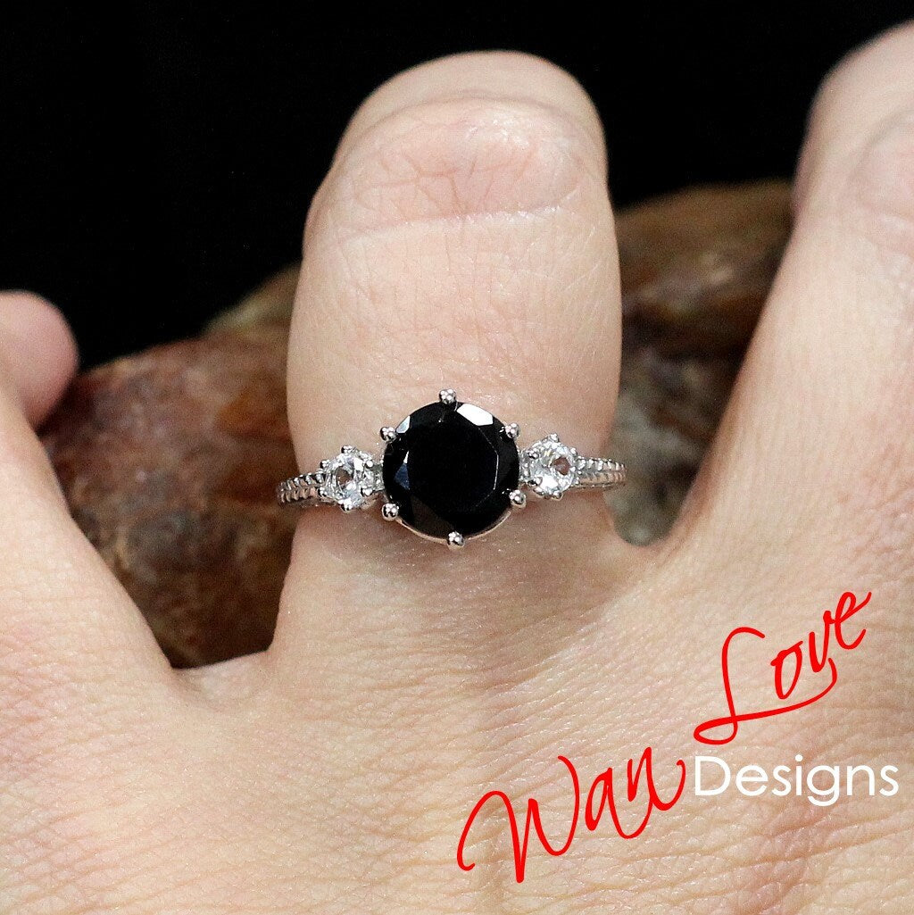 Handmade unique engagement ring black spinel solitaire ring white gold marquise store cut black gemstone