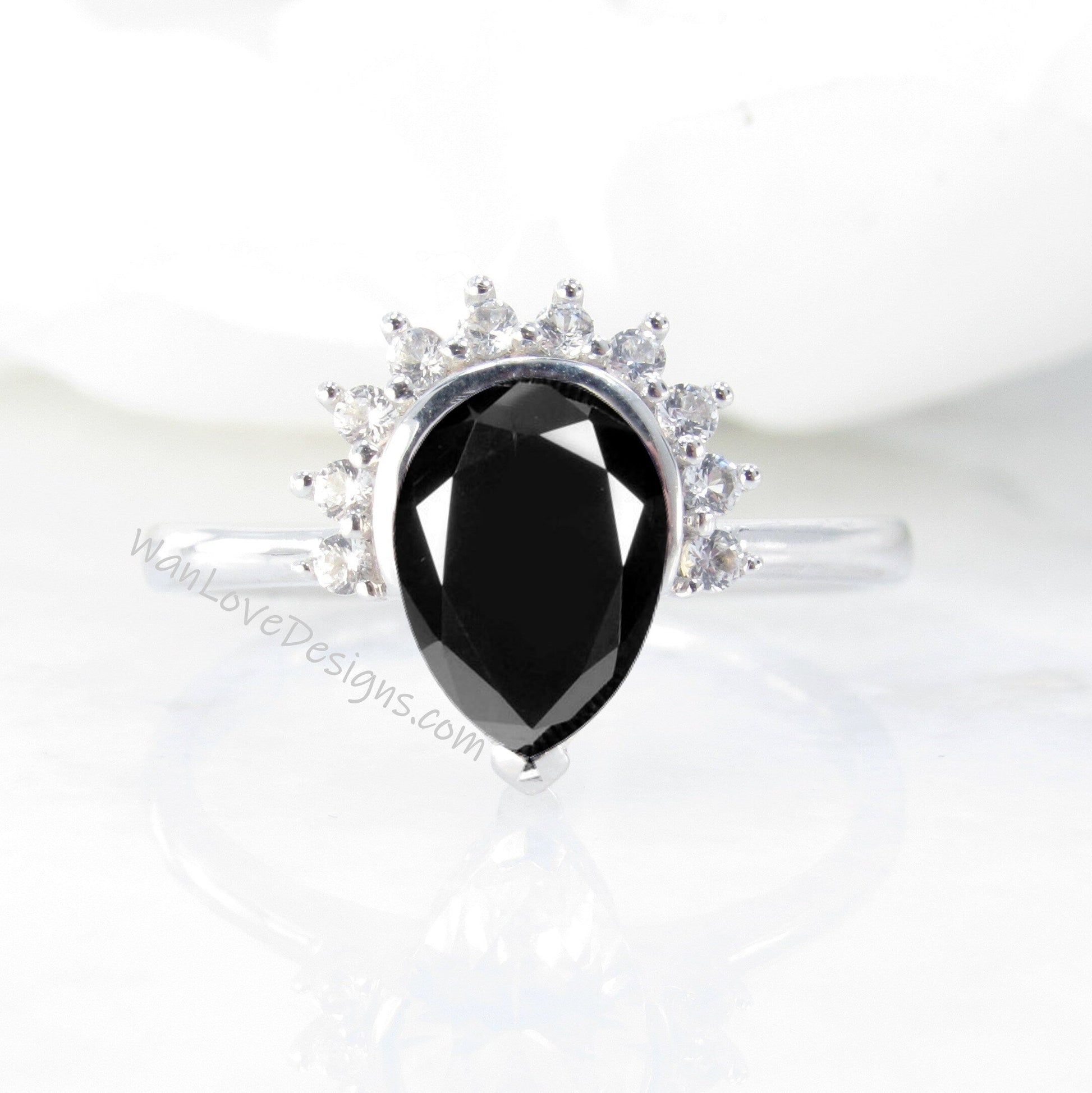 Black Spinel Pear Cut Ring, Semi Bezel Ring, Half Halo Diamonds ring, Black Spinel Engagement Ring, Black and White Halo Ring,WanLoveDesigns Wan Love Designs