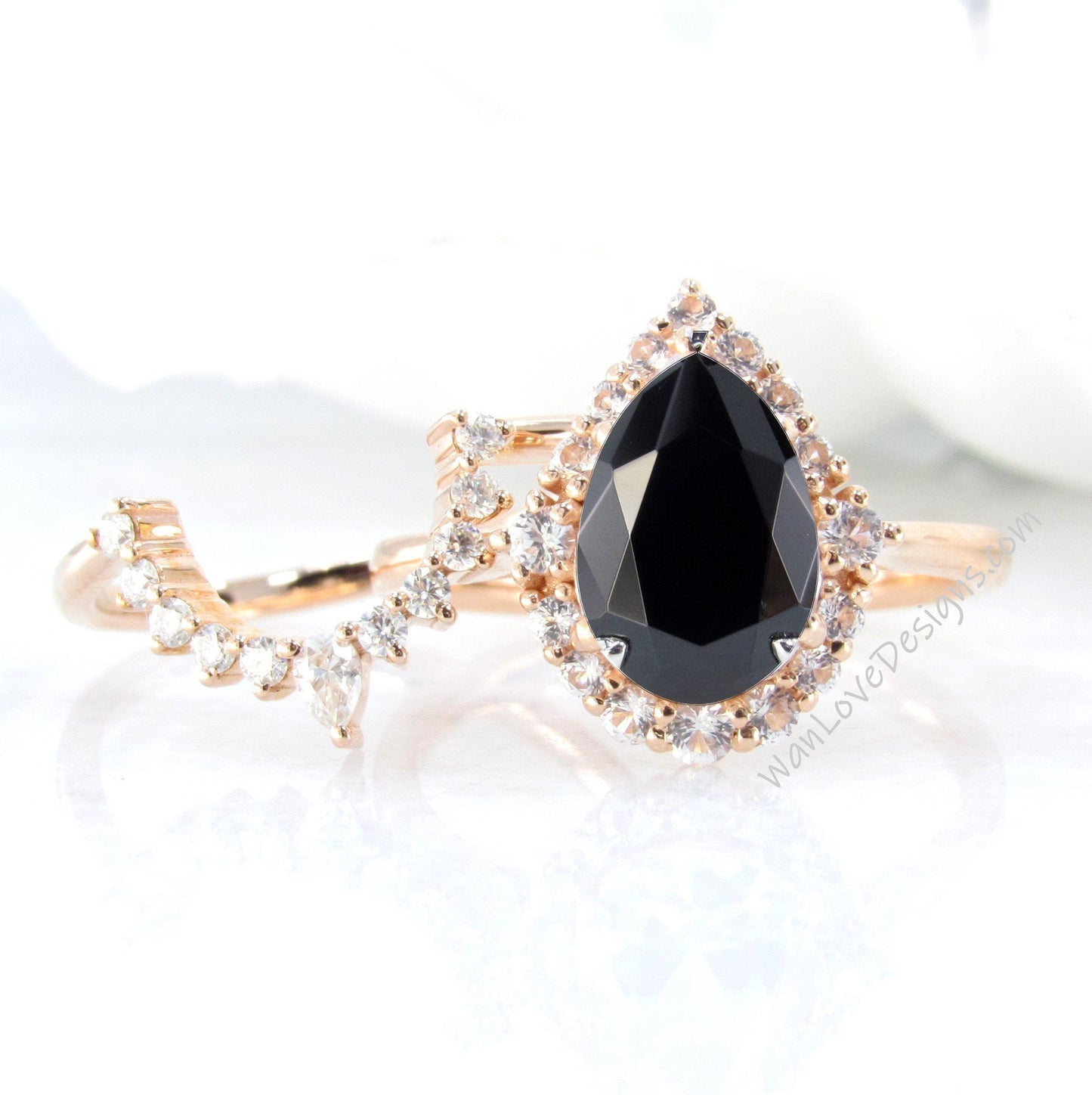 Black Spinel Pear engagement ring set Graduated Cluster halo rose gold engagement ring women curved tiara Diamond wedding Bridal Band Gift Wan Love Designs