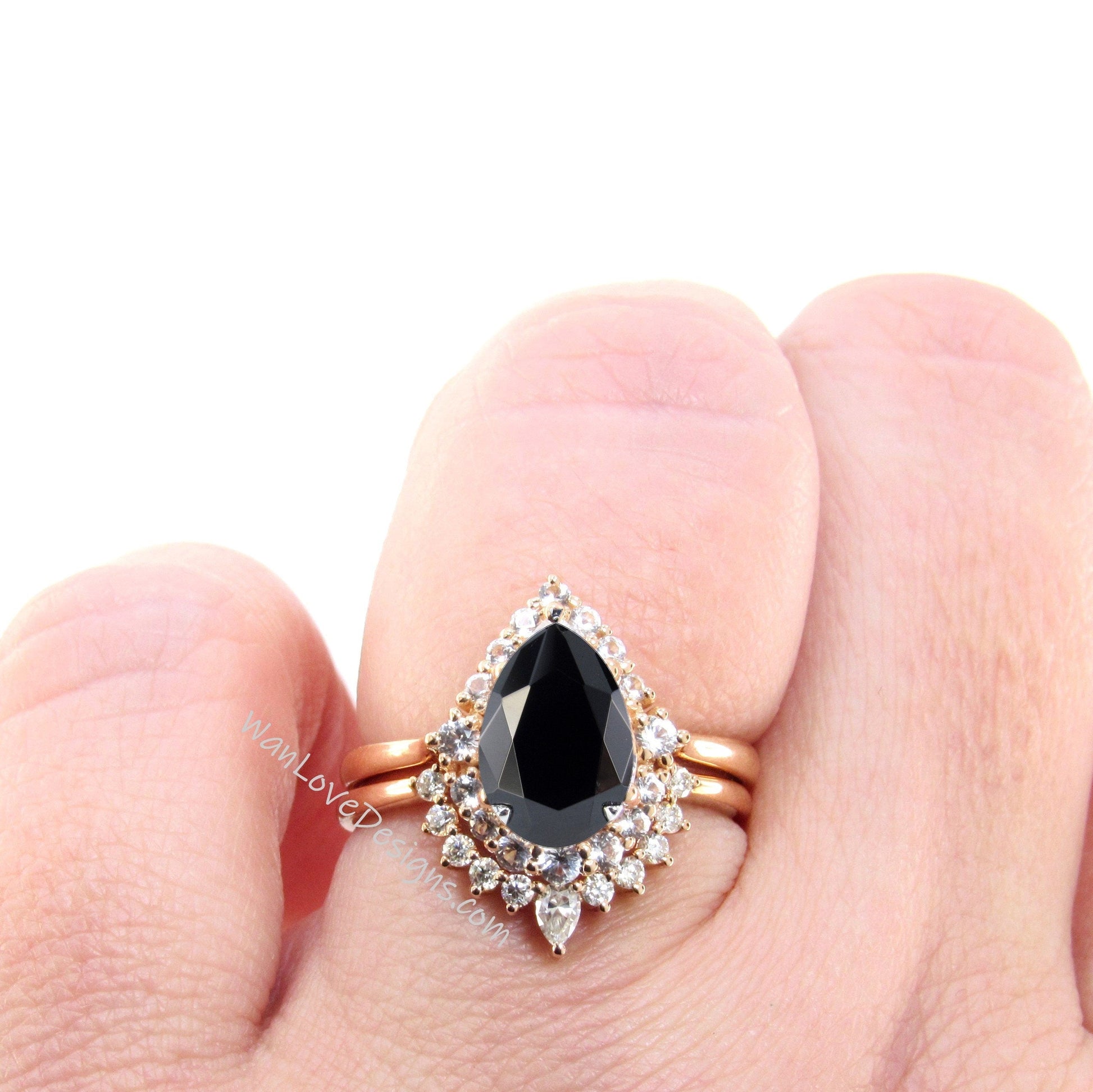 Black Spinel Pear engagement ring set Graduated Cluster halo rose gold engagement ring women curved tiara Diamond wedding Bridal Band Gift Wan Love Designs