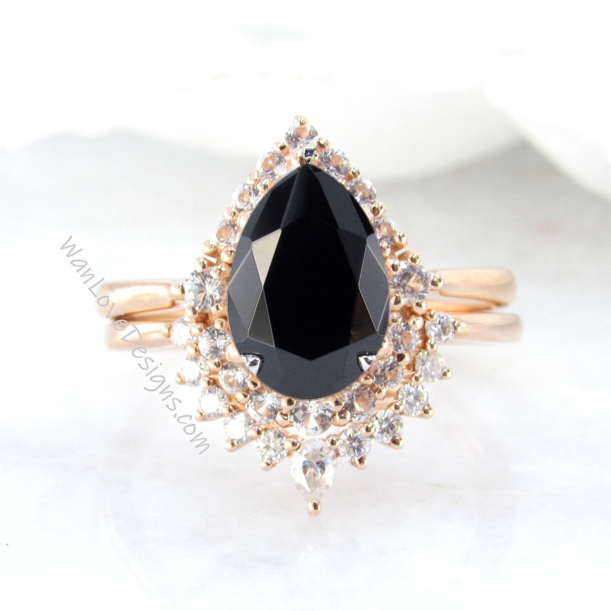 Black Spinel Pear engagement ring set Graduated Cluster halo rose gold engagement ring women curved tiara Diamond wedding Bridal Band Gift Wan Love Designs