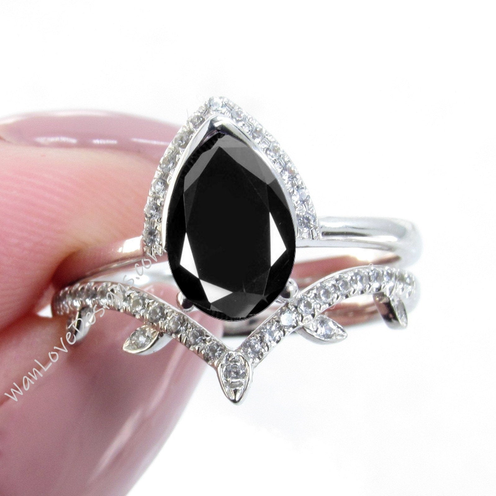 Black Spinel Pear engagement ring set art deco semi bezel half halo white gold engagement ring women leaf curve Diamond wedding Bridal Band Wan Love Designs