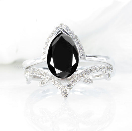 Black Spinel Pear engagement ring set art deco semi bezel half halo white gold engagement ring women leaf curve Diamond wedding Bridal Band Wan Love Designs