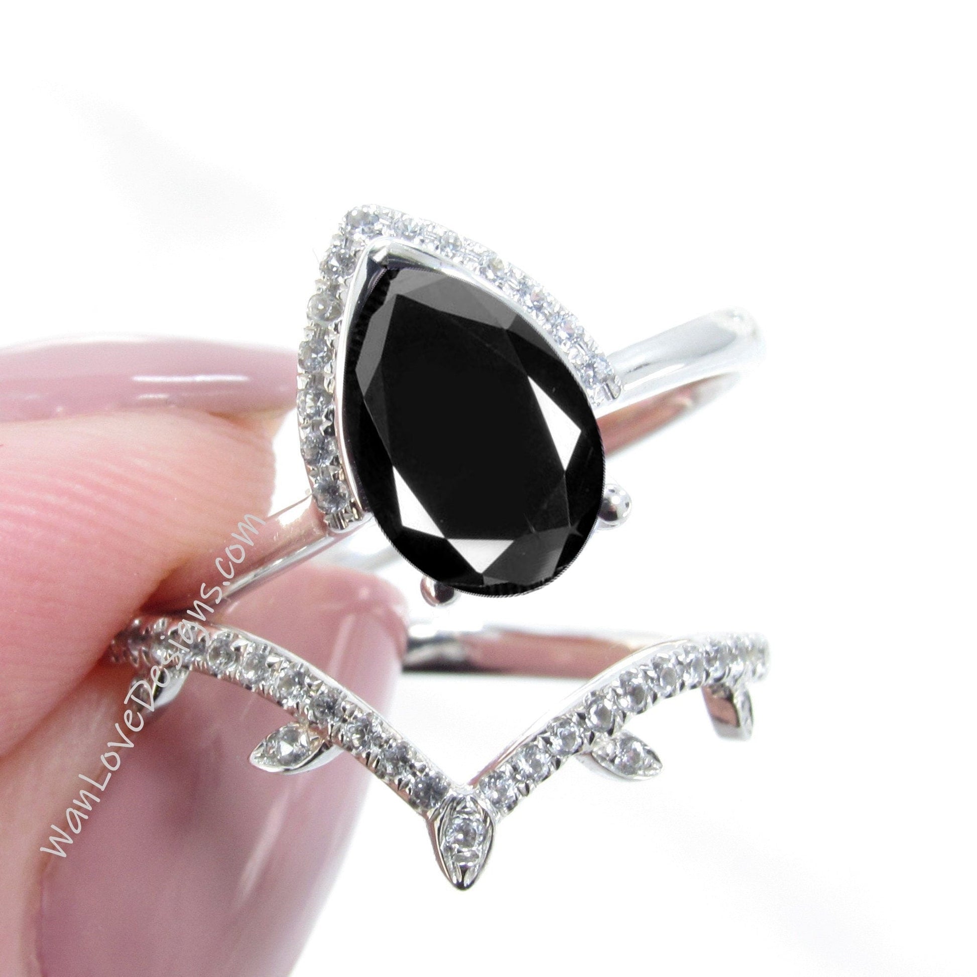 Black Spinel Pear engagement ring set art deco semi bezel half halo white gold engagement ring women leaf curve Diamond wedding Bridal Band Wan Love Designs