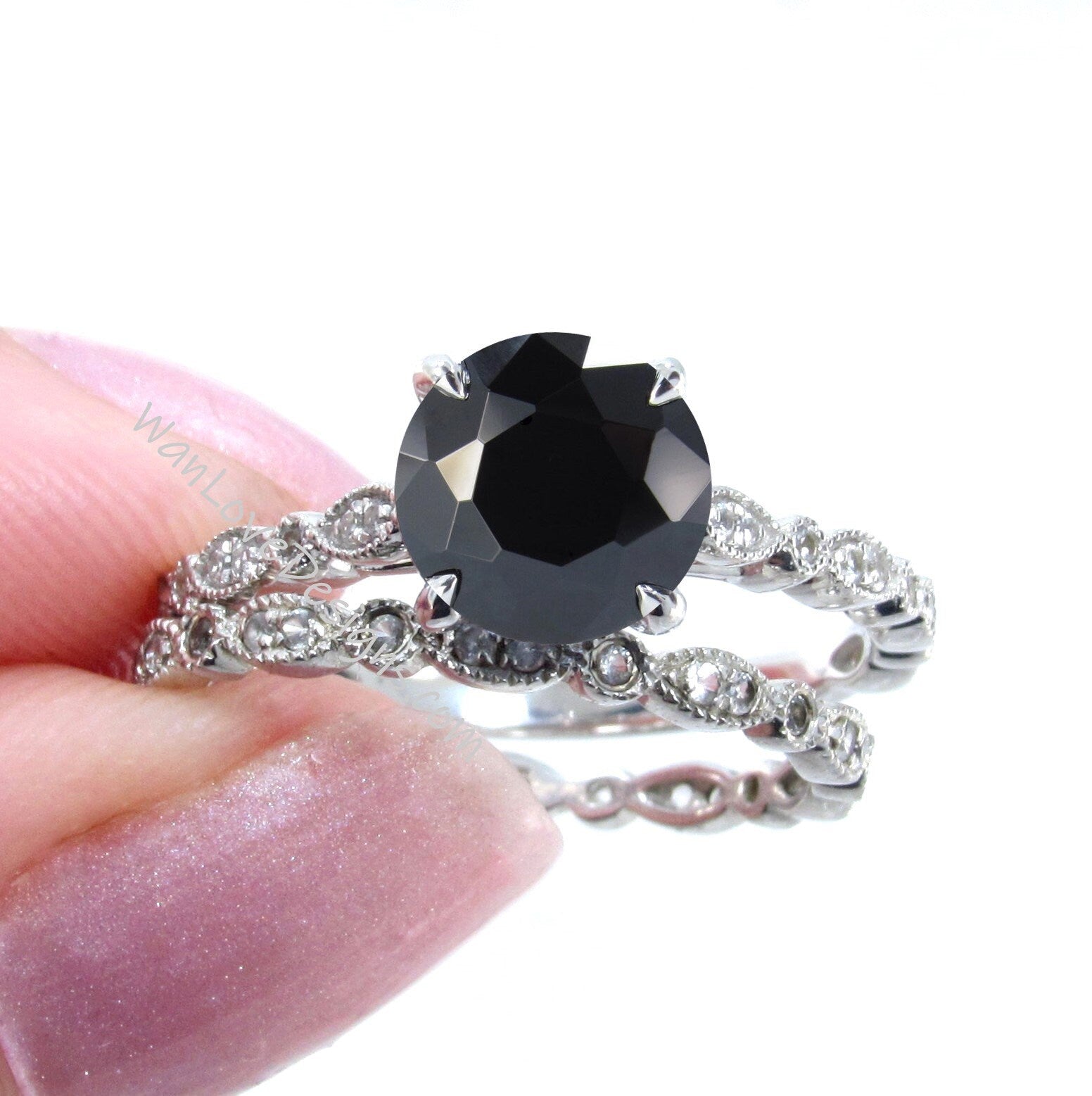 Black Spinel Round Diamonds WITH Milgrain Wedding Set Rings Rings, 14kt Solid Rose Gold, WanLoveDesigns Wan Love Designs