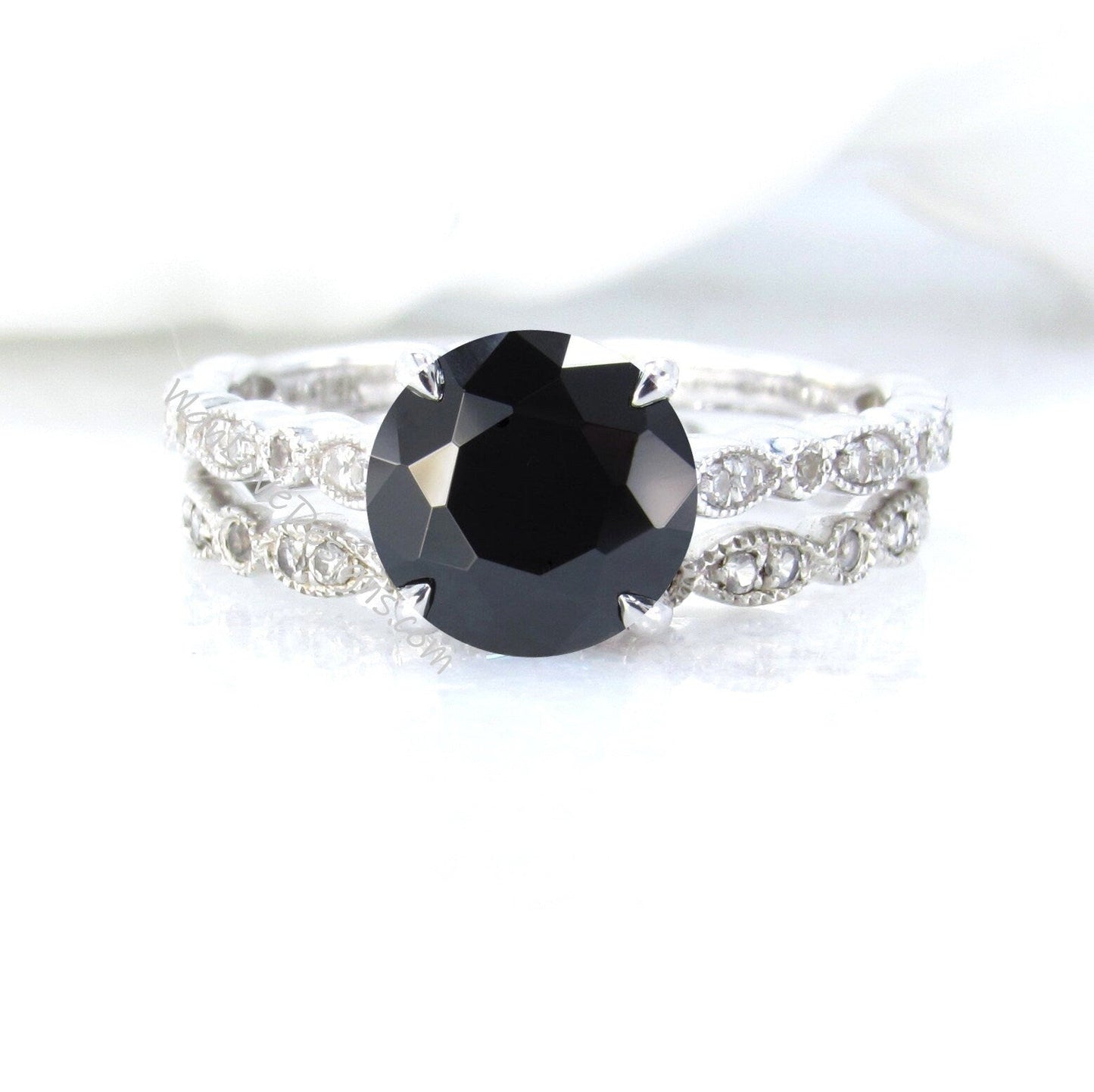 Black Spinel Round Diamonds WITH Milgrain Wedding Set Rings Rings, 14kt Solid Rose Gold, WanLoveDesigns Wan Love Designs