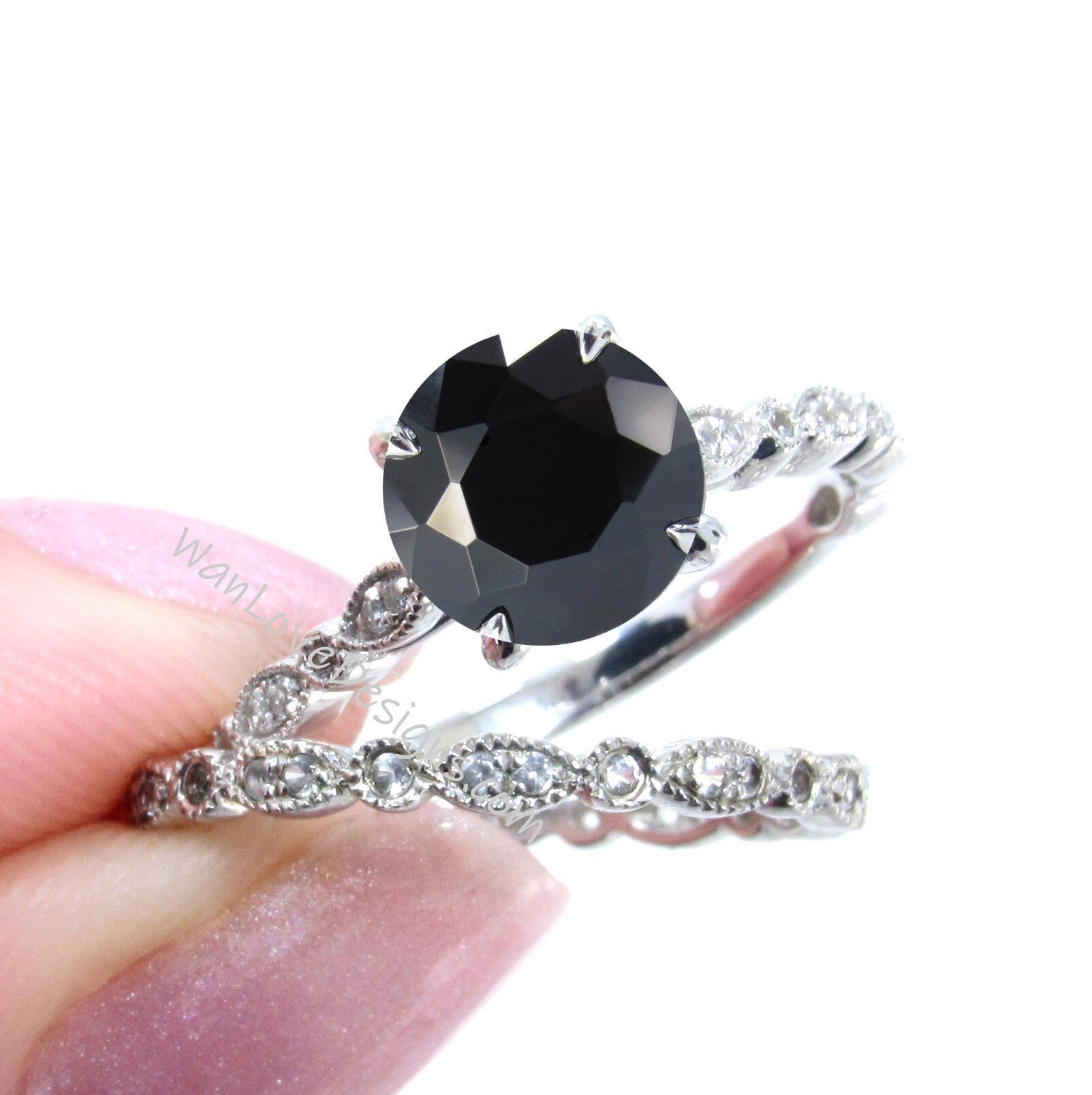 Black Spinel Round Diamonds WITH Milgrain Wedding Set Rings Rings, 14kt Solid Rose Gold, WanLoveDesigns Wan Love Designs