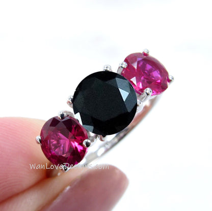 Black Spinel & Ruby 3 Stone Engagement Ring, Round, Custom made,Wedding,Anniversary,14k 18k White Yellow Rose Gold,Platinum Wan Love Designs