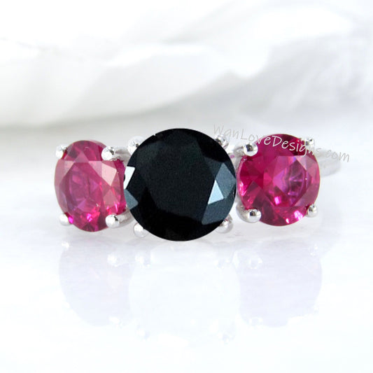 Black Spinel & Ruby 3 Stone Engagement Ring, Round, Custom made,Wedding,Anniversary,14k 18k White Yellow Rose Gold,Platinum Wan Love Designs