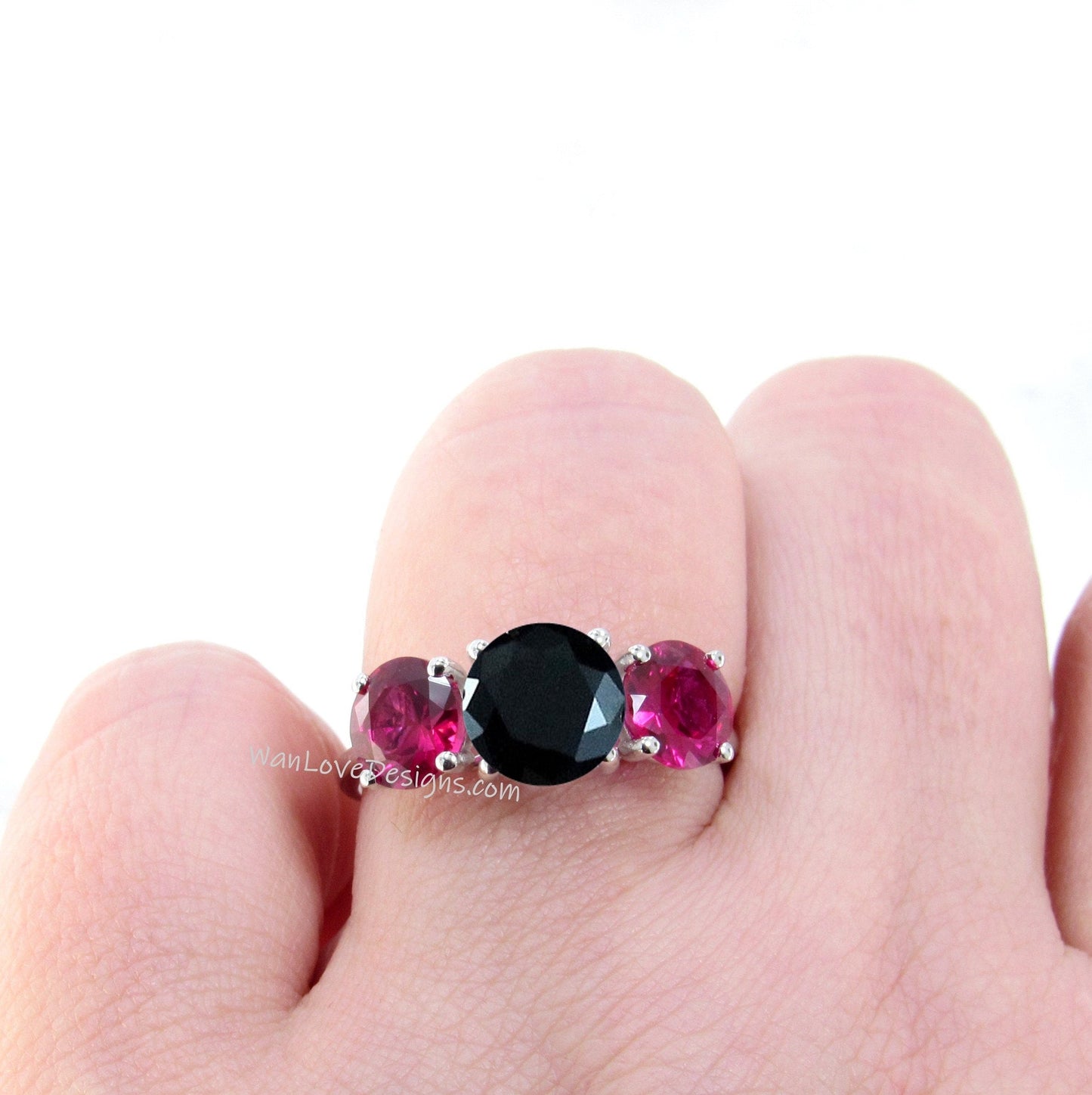 Black Spinel & Ruby 3 Stone Engagement Ring, Round, Custom made,Wedding,Anniversary,14k 18k White Yellow Rose Gold,Platinum Wan Love Designs