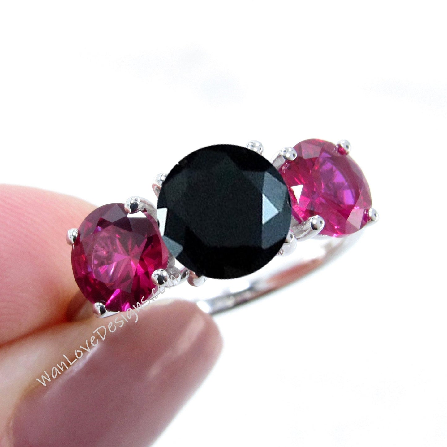 Black Spinel & Ruby 3 Stone Engagement Ring, Round, Custom made,Wedding,Anniversary,14k 18k White Yellow Rose Gold,Platinum Wan Love Designs