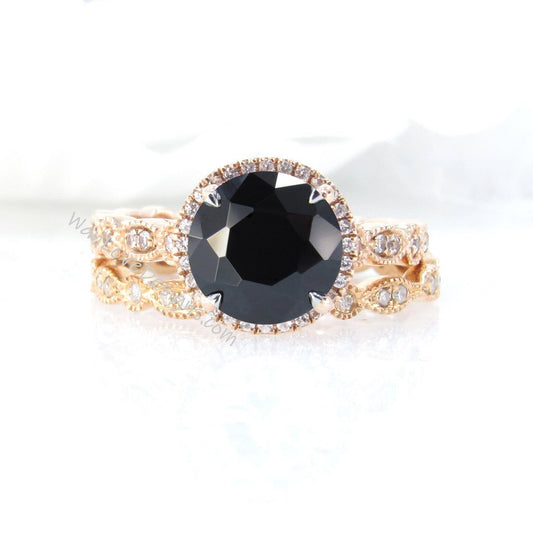 Black Spinel Sapphire Diamonds Round Halo WITH or WITHOUT Milgrain Wedding Set Rings Rings, 14kt Solid Rose Gold, WanLoveDesigns Wan Love Designs