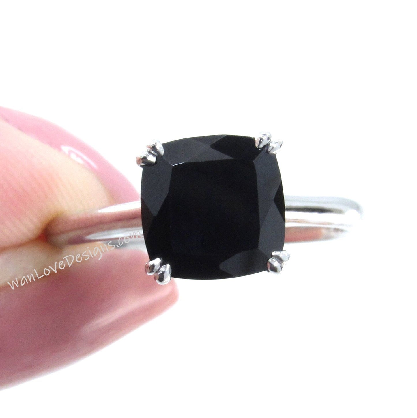 Black Spinel Solitaire Cushion Engagement Ring Cushion Spinel Rings Cathedral 3.5ct 9mm Wedding Anniversary promise ring, Ready to Ship Wan Love Designs