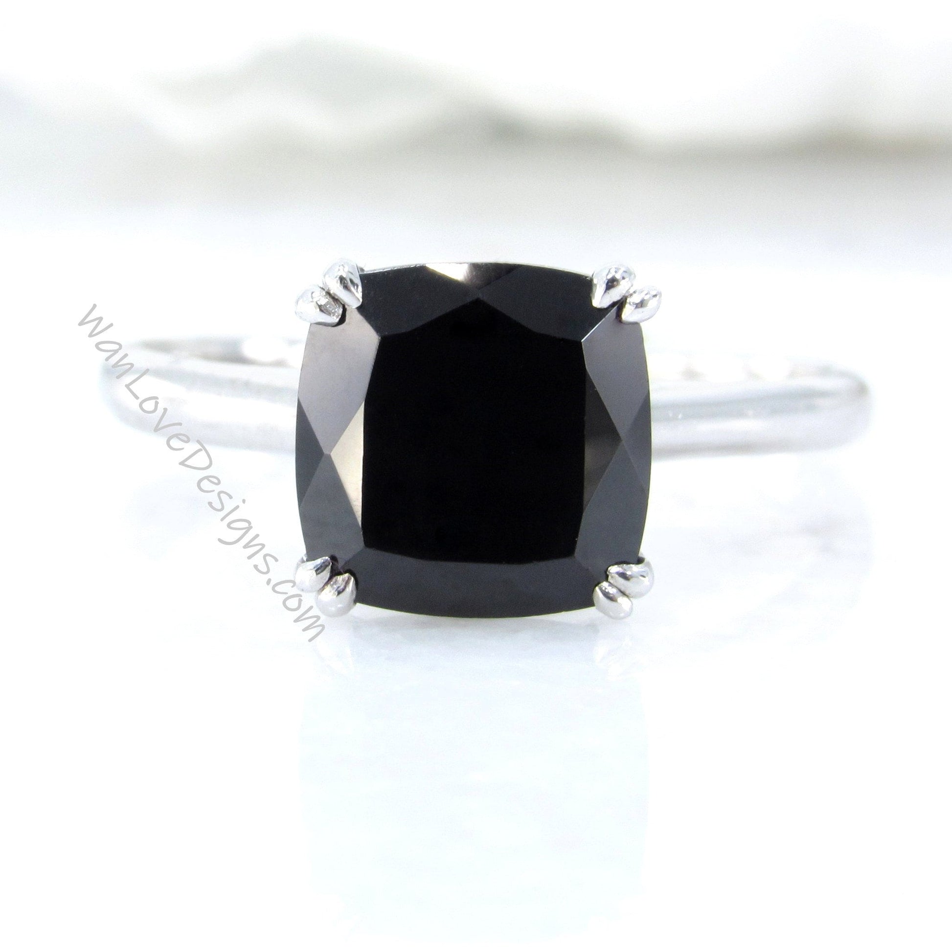 Black Spinel Solitaire Cushion Engagement Ring Cushion Spinel Rings Cathedral 3.5ct 9mm Wedding Anniversary promise ring, Ready to Ship Wan Love Designs