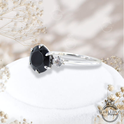 Black Spinel & White Sapphire 3 Stone Round Engagement Ring, 2ct round Past Present Future ring 6 prong dainty bridal wedding ring Ready Wan Love Designs