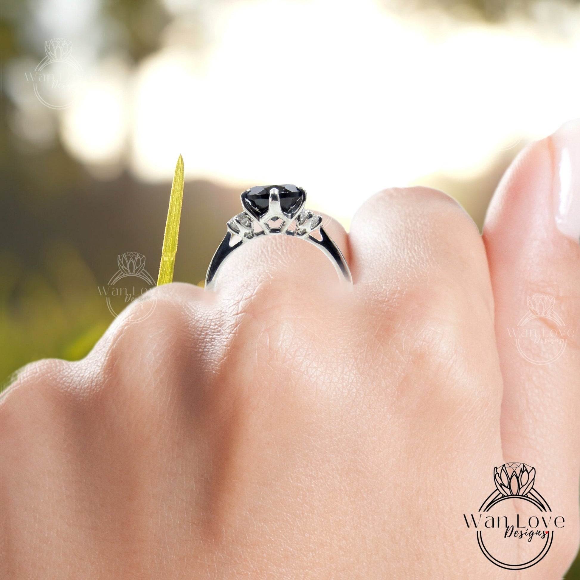 Black Spinel & White Sapphire 3 Stone Round Engagement Ring, 2ct round Past Present Future ring 6 prong dainty bridal wedding ring Ready Wan Love Designs
