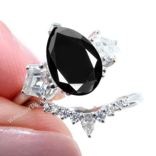 Black Spinel cluster pear kite engagement ring, cluster ring, moissanite ring, moissanite kite ring, unique engagement ring, Bridal Set Wan Love Designs