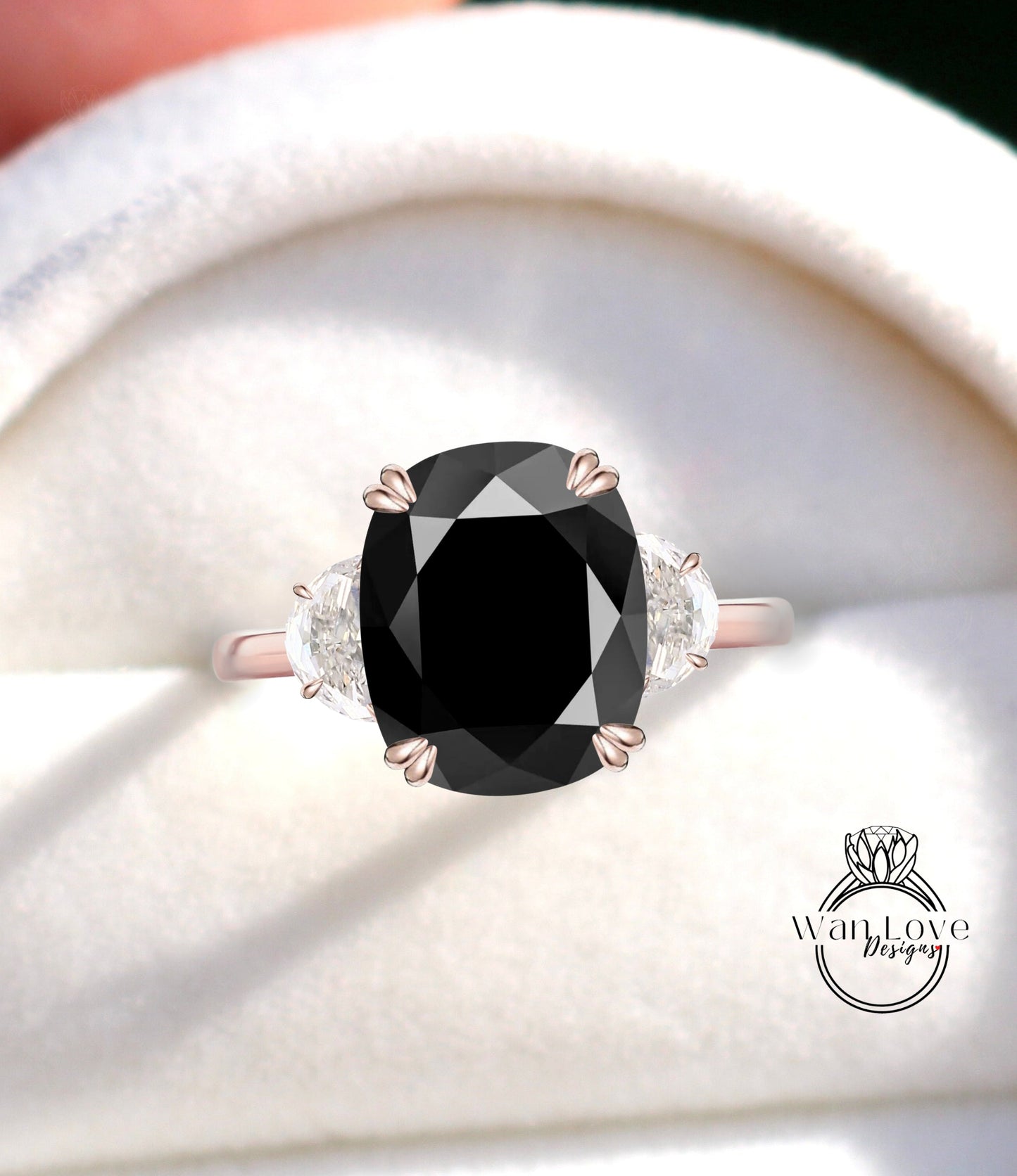 Black Spinel engagement ring cushion cut half moon Moissanite diamond rose gold art deco diamond three stone ring wedding Bridal Anniversary Wan Love Designs