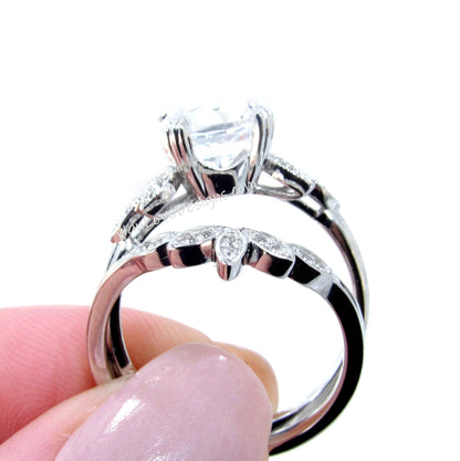 Black Spinel engagement ring set white gold Unique Round cut Cluster Diamond milgrain leaf women vintage wedding band Anniversary set Wan Love Designs