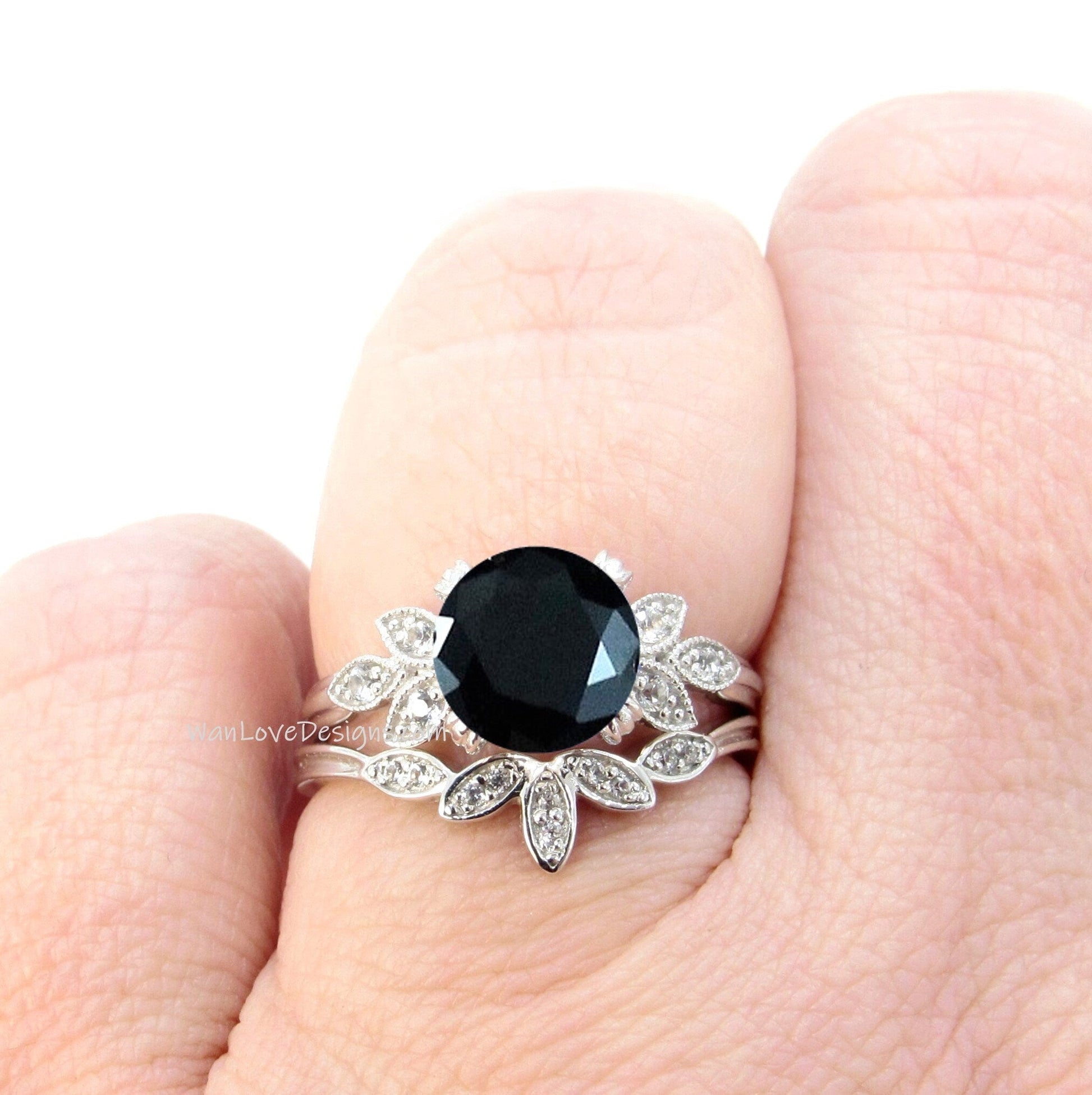 Black Spinel engagement ring set white gold Unique Round cut Cluster Diamond milgrain leaf women vintage wedding band Anniversary set Wan Love Designs