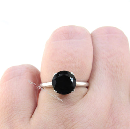 Black Spinel round dainty engagement Ring, 3ct round spinel 4 Double Prong solitaire ring promise wedding anniversary Gift for her-Ready Wan Love Designs