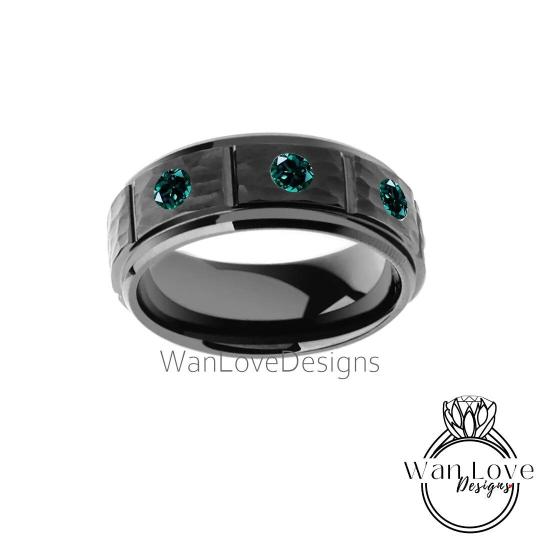 Black Tungsten Moissanite Diamonds Men's Wedding Ring, Grooved Tungsten Wedding Ring, Mens Engagement Ring Birthstone Band, Man Anniversary Wan Love Designs