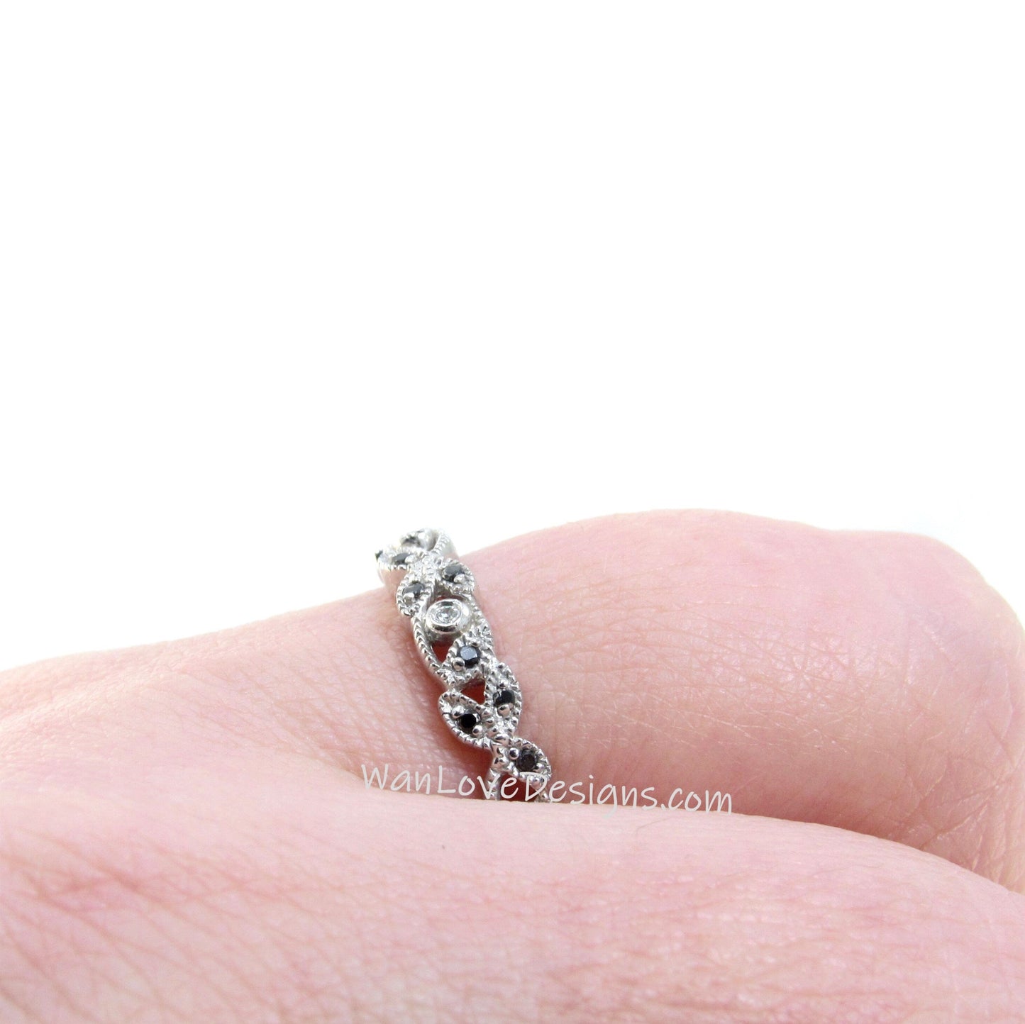 Black & White Diamond Milgrain leaf Eternity Stackable Wedding Band Ring Vintage leaves ring Engagement Anniversary Antique-Ready to ship Wan Love Designs