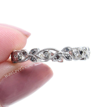 Black & White Diamond Milgrain leaf Eternity Stackable Wedding Band Ring Vintage leaves ring Engagement Anniversary Antique-Ready to ship Wan Love Designs