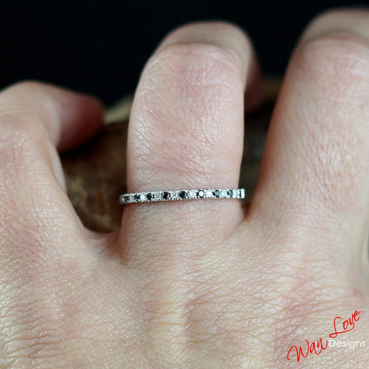 Black & White Diamond Wedding Band, Moissanite Sapphire Halfway, Stacking Ring, 1.85mm, Custom, Engagement, Anniversary Gift, Commitment Wan Love Designs