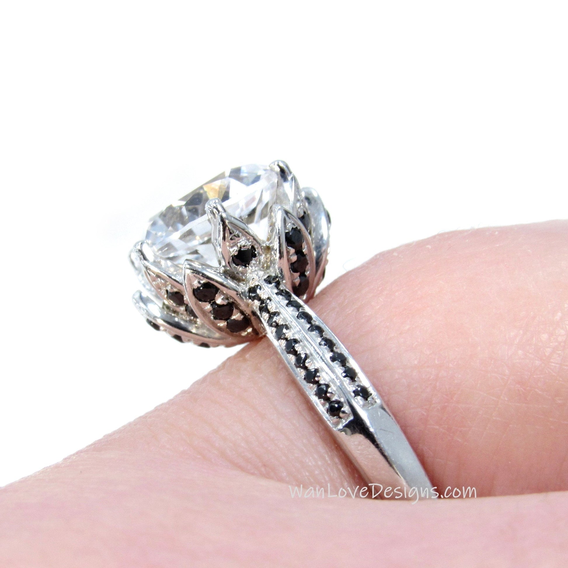 Black & White Moissanite Diamond Lotus Flower Engagement Ring vintage round woman nature petals ring Unique Bridal ring Anniversary gift Wan Love Designs